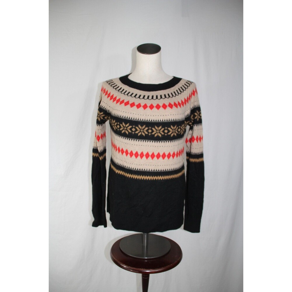 Talbots Women's Sweater Tan Black Fair Isle Wool Mohair Ski Winter S HolidayChic